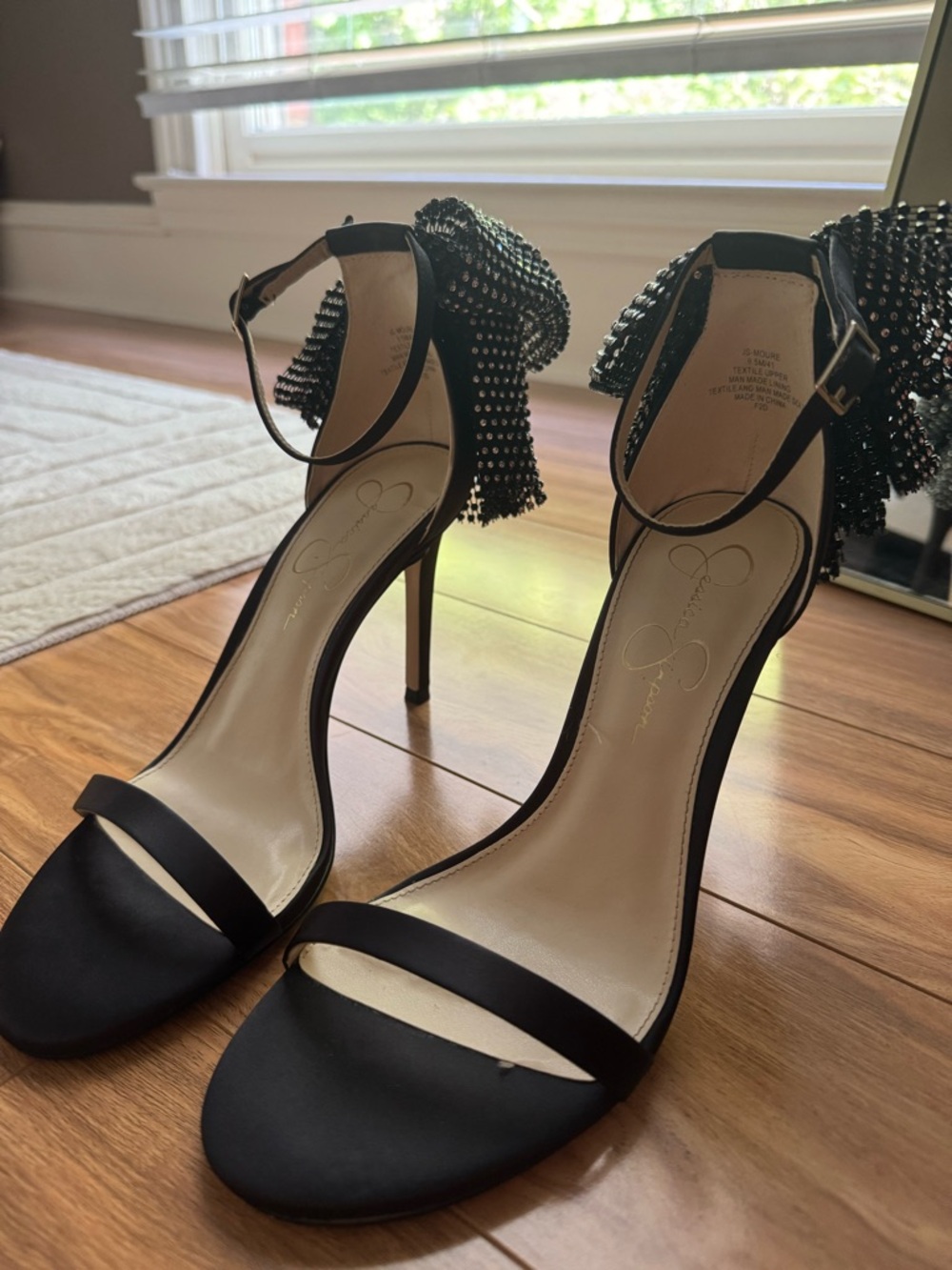 Jessica Simpson Black Beaded Bow Ankle-Strap Stilettos